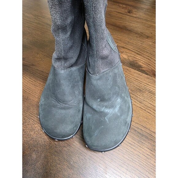 Womens Gray Leather & Suede Tall Boots With Studded Platform Heels - Picture 10 of 16